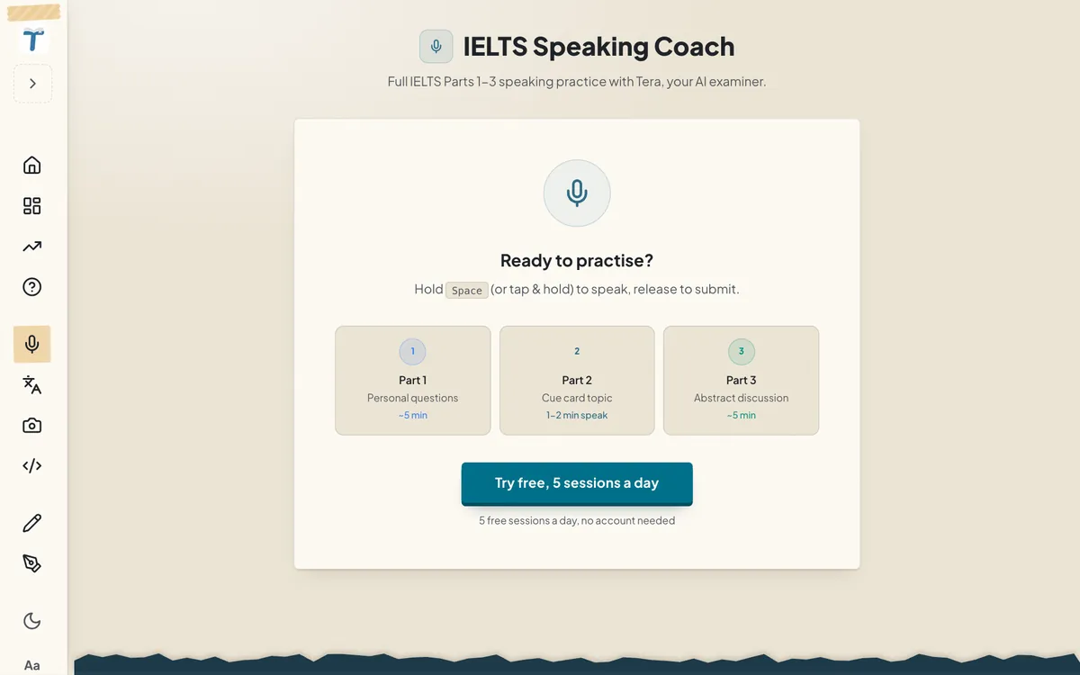 IELTS-style speaking practice, Parts 1 to 3.