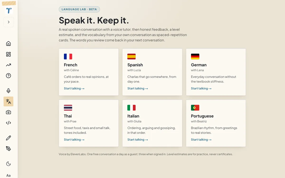The Language Lab: voice tutors in six languages.